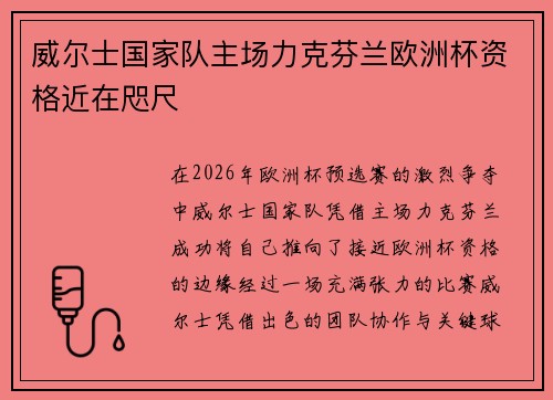 威尔士国家队主场力克芬兰欧洲杯资格近在咫尺 威尔士国家队主场力克芬兰欧洲杯资格近在咫尺