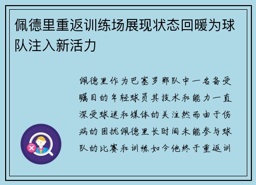 佩德里重返训练场展现状态回暖为球队注入新活力