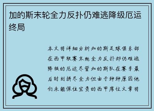 加的斯末轮全力反扑仍难逃降级厄运终局